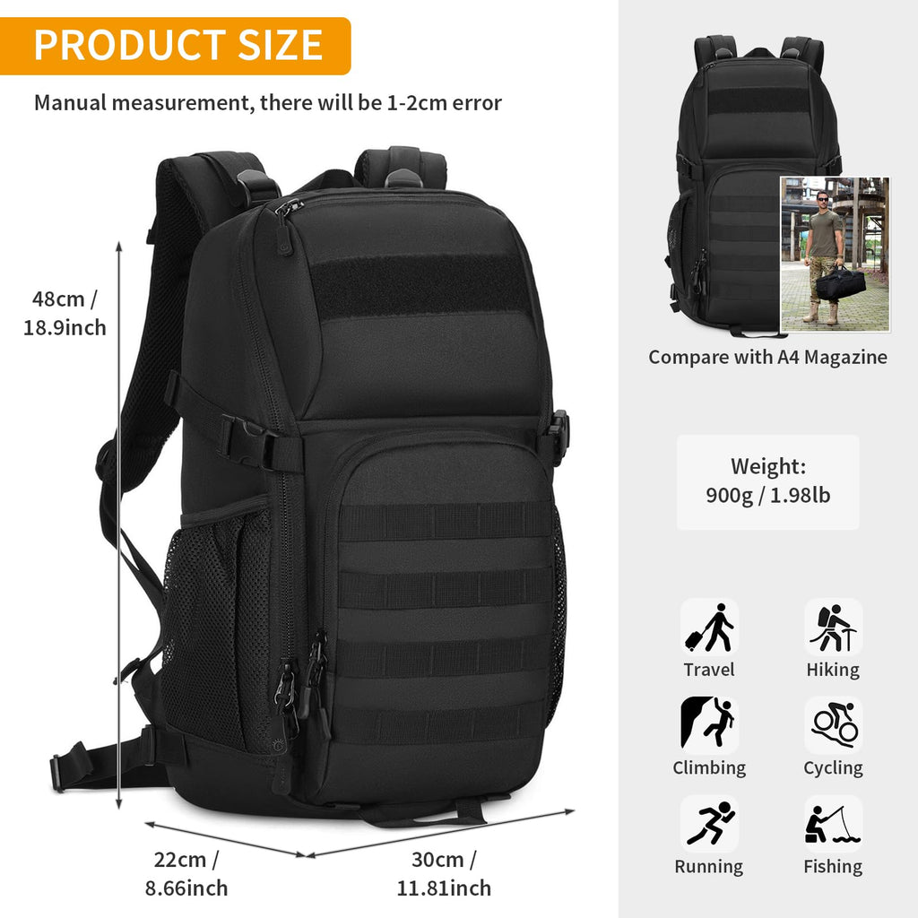 Huntvp Tactical Backpack Military Molle Backpack Hunting Rucksack Gear Assault Pack 25L Wr(Black)