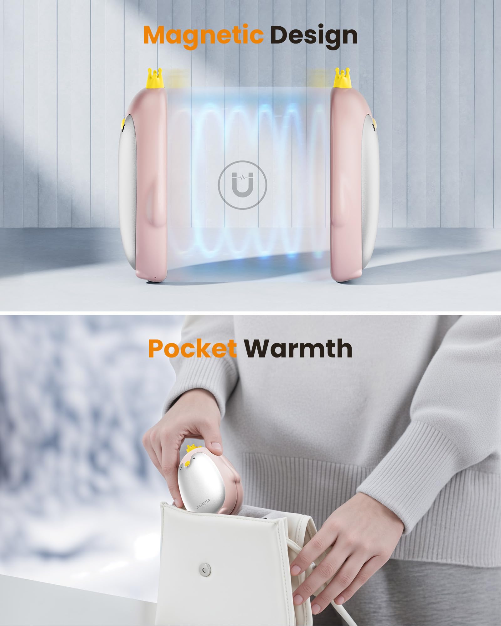 Gaiatop Magnetic Hand Warmers Rechargeable 2 Pack, 3 Settings Pocket-Sized Cute Penguin, Fast Hot Hands Reusable Portable Electr