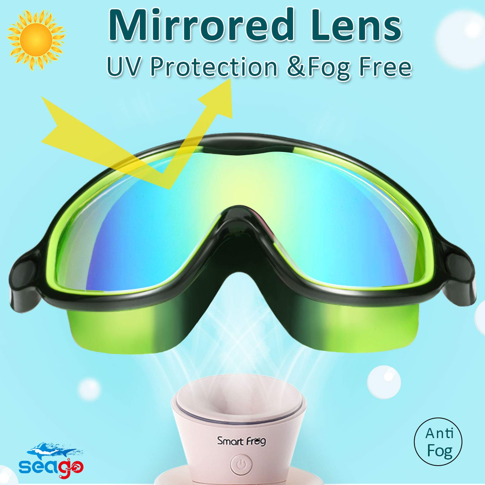 Seago Swim Goggles 2 Pack Anti-Fog Anti-Uv Wide View Uv Protection, Adjustable Swimming Goggles For Kids 3-15, Light Blue & Blac
