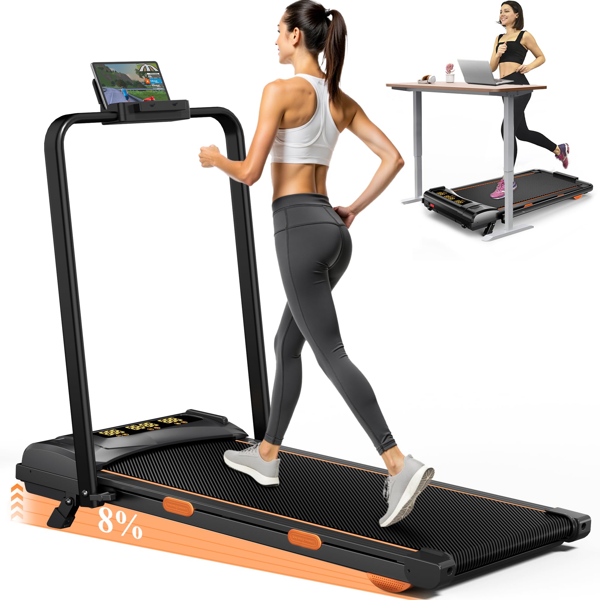 Incline Treadmill For Home, Walking Pad With Handle Bar, Under Desk Compact Treadmill With 350 Lbs Capacity, Led Display & App,