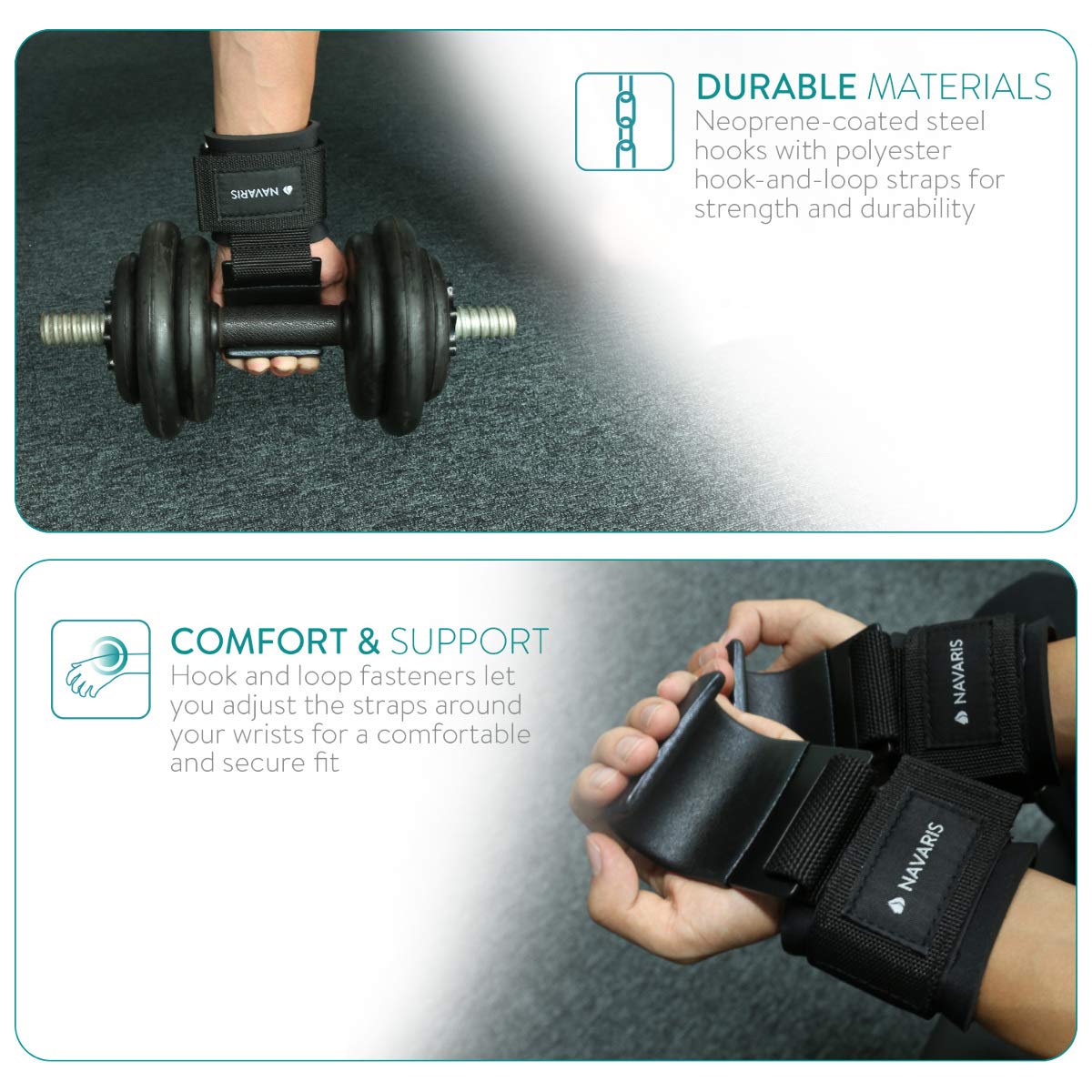 Navaris Weight Lifting Hook Straps - Pair Of Weightlifting Wrist Support Straps With Hooks - Neoprene Wrist Grips For Deadlifts,
