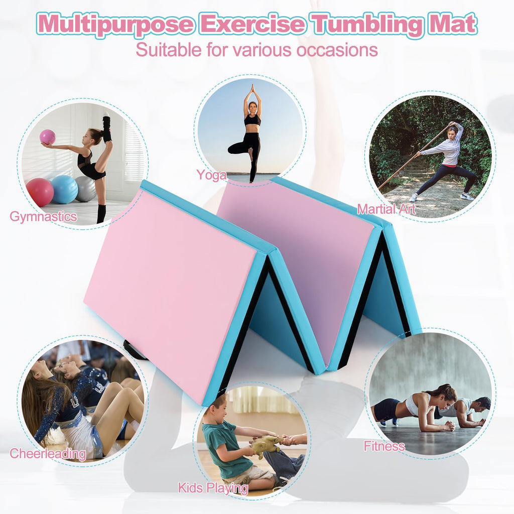 Goplus 8 X 4 X 2'' Gymnastics Mat, Folding Tumbling Mat With Carry Handles, Hook & Loop Fasteners, 4 Panels For Fitness Exercise