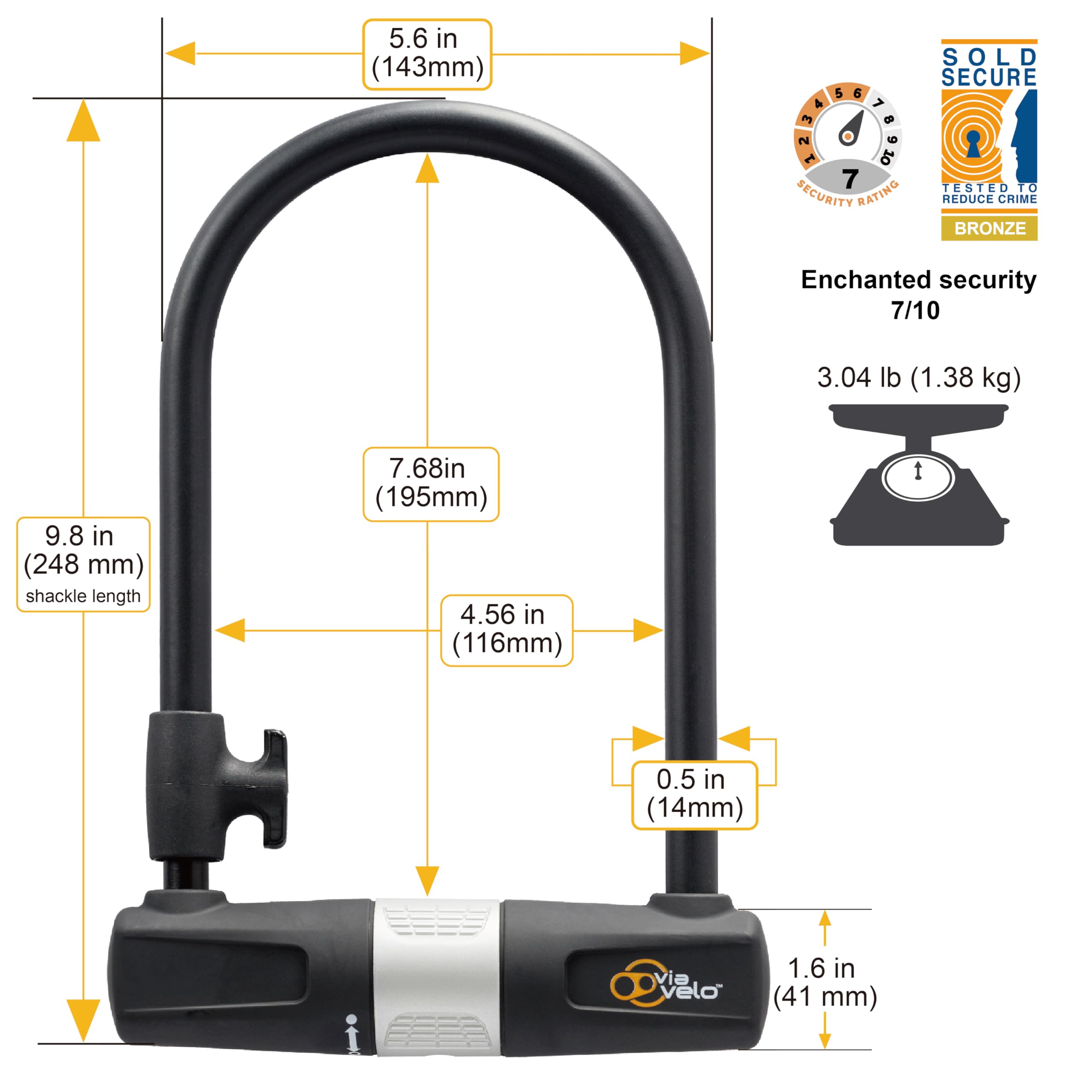 Bike U Lock With Cable - Via Velo Bike Lock Heavy Duty Bicycle U-Lock,14Mm Shackle And 10Mm X1.8M Cable With Mounting Bracket Fo
