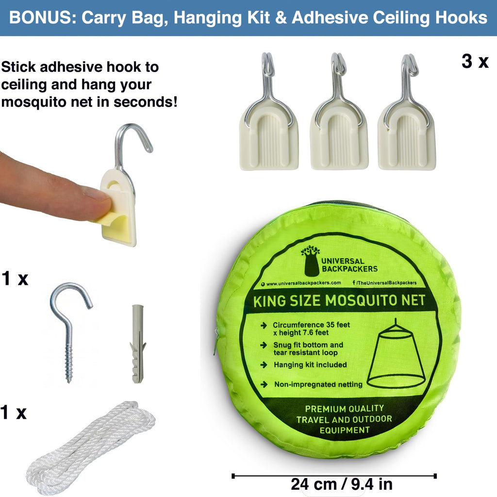 Mosquito Net For Single To King-Sized Beds - Fully-Enclosed Bed Canopy For Travel Or Decoration - Free Bag, Hanging Kit & Adhesi
