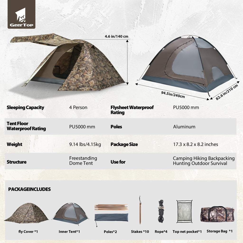 Geertop 4-Person Camping Tent 4 Season Waterproof Family Tent Lightweight Backpacking Tent Easy Setup For Hiking Outdoor Travel