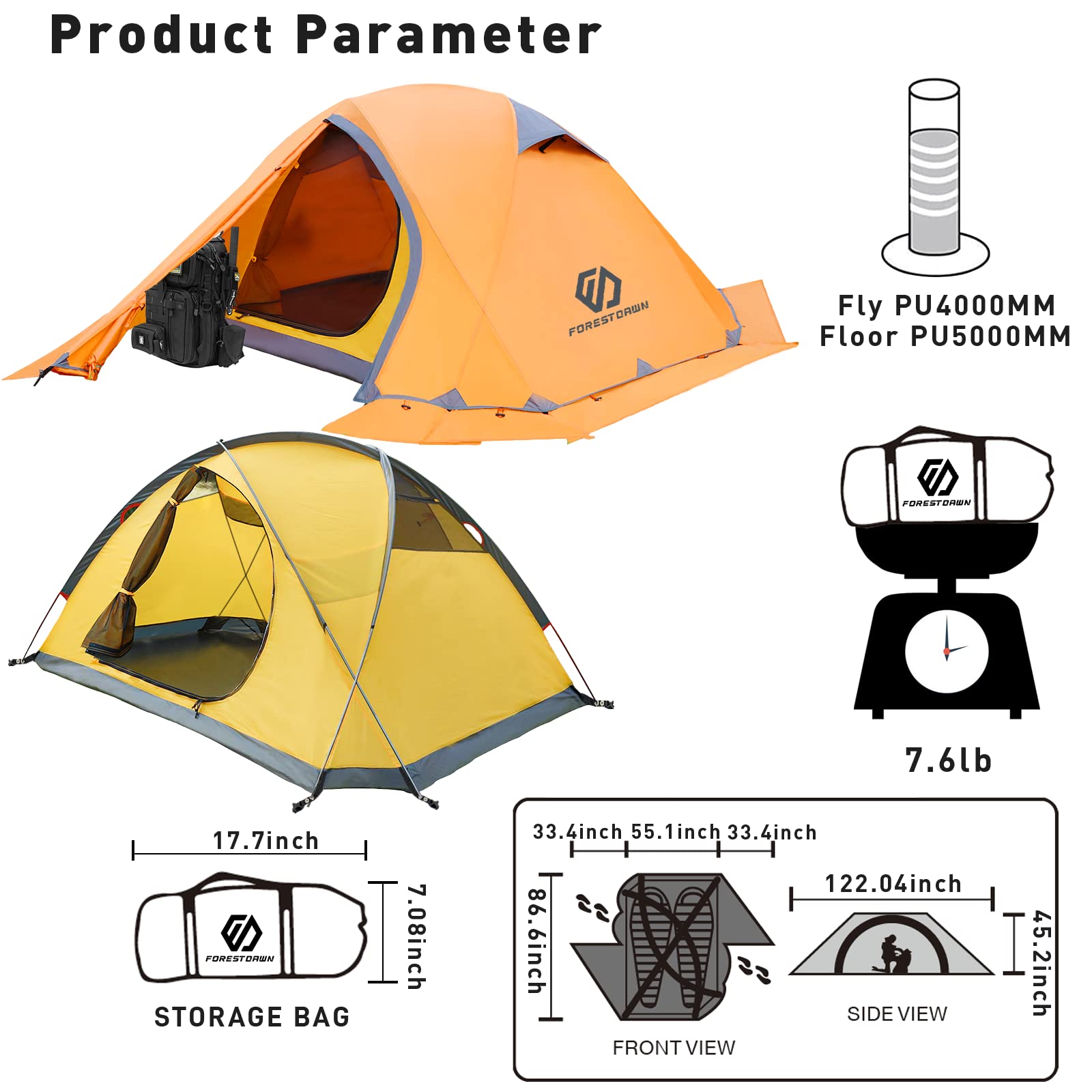 Forestdawn Camping Tent For 2 Person With 3 Aluminum Alloy Poles,Waterproof Windproof 4 Season Tent,Double Layer,Easy Setup,Prof