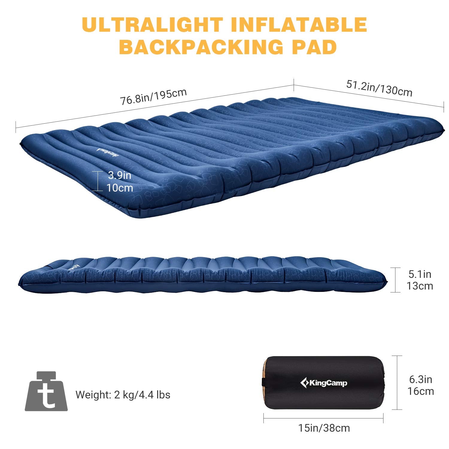 Kingcamp Double Sleeping Pad For Camping, Rollover Prevention Inflatable Queen Camping Mattress 2 Person Ultralight Air Mat For