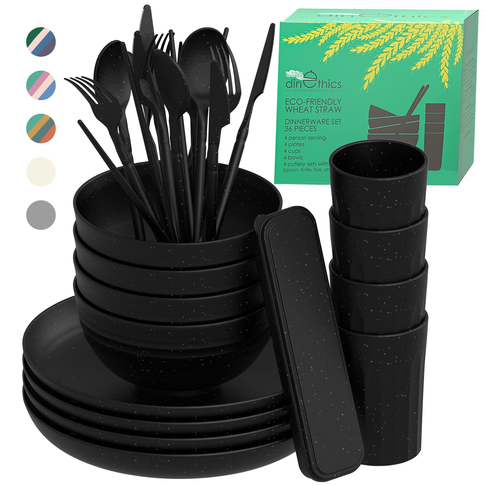 Dinethics Wheat Straw Dinnerware Sets For 4 - Alternate To Black Plastic Dishes - Dishwasher Microwave Safe Plates And Bowls Set