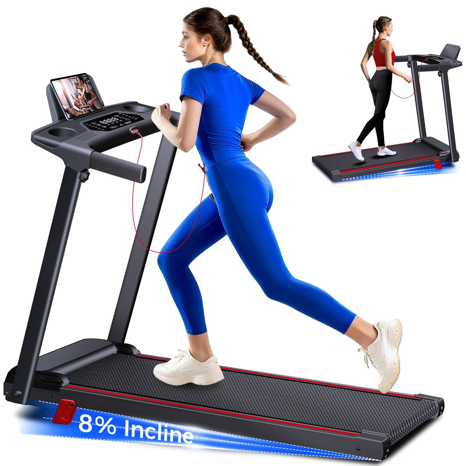 Treadmill with 8% Incline, Walking Pad Treadmill with Handle Bar, Portable Folding Treadmills for Running and Walking, 3.0HP Bru