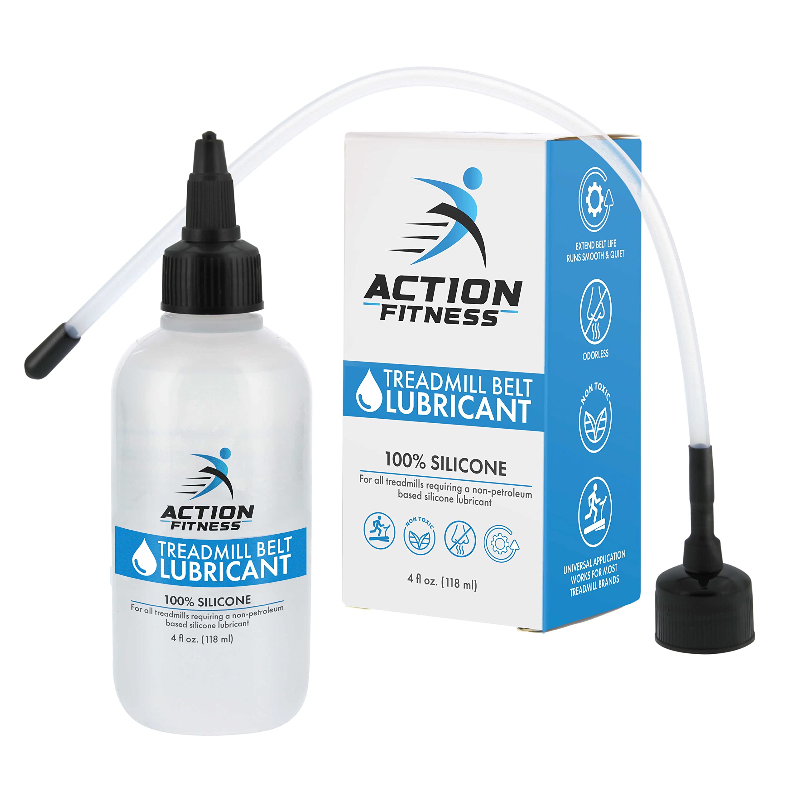 Action Fitness 100% Silicone Treadmill Belt Lubricant, 4-Ounce Bottle With Both An Application Tube And A Twist Spout Cap - Easy