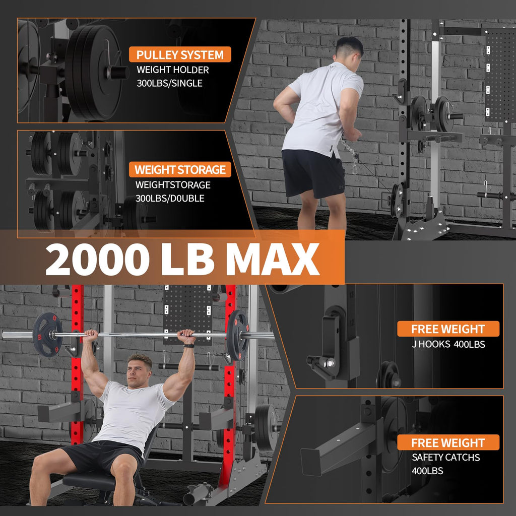 GarveeLife Power Cage, 2000 LB Power Rack with Dual Pulley Cable Crossover, Multi-Function Home Gym Squat Rack with Attachments,