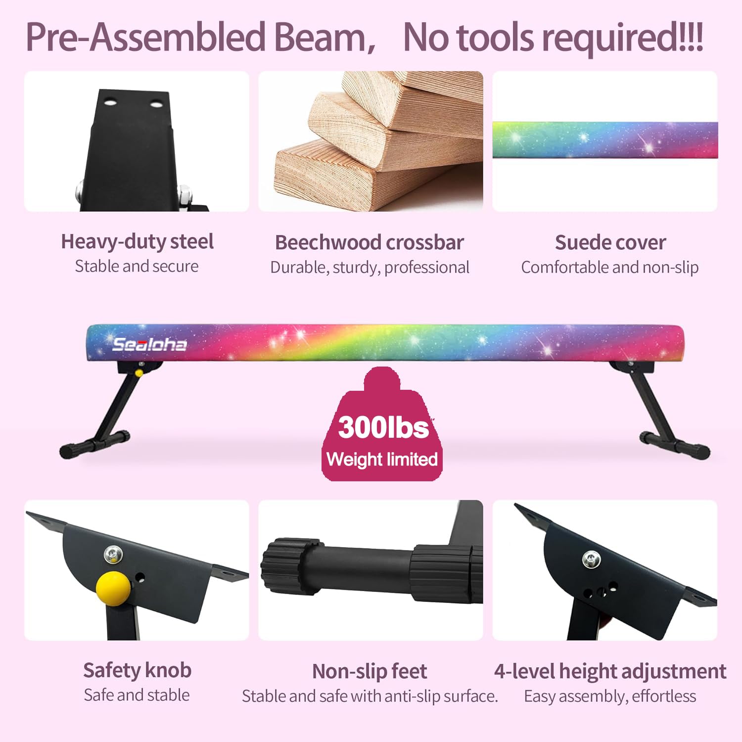Sealoha 8Ft Ultrasimple Adjustable&Foldable Balance Beam,High-Low Floor Beam Suede Gymnastics Equipment,No Tool Require, Gymnast