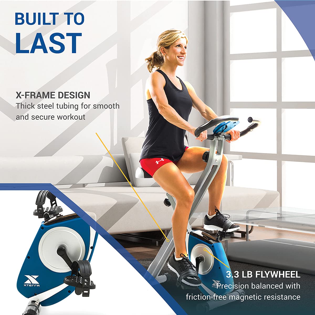 Xterra Fitness Folding Exercise Bike, 225 Lb Weight Capacity, Cordless, Battery Powered With Solid X-Frame Folding Design, Padde