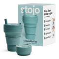 Stojo Collapsible Travel Cup With Straw- Eucalyptus, 16Oz / 470Ml - Reusable To-Go Pocket Size Silicone Cup For Hot And Cold Dri