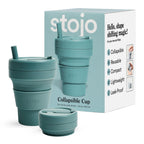 Stojo Collapsible Travel Cup With Straw- Eucalyptus, 16Oz / 470Ml - Reusable To-Go Pocket Size Silicone Cup For Hot And Cold Dri