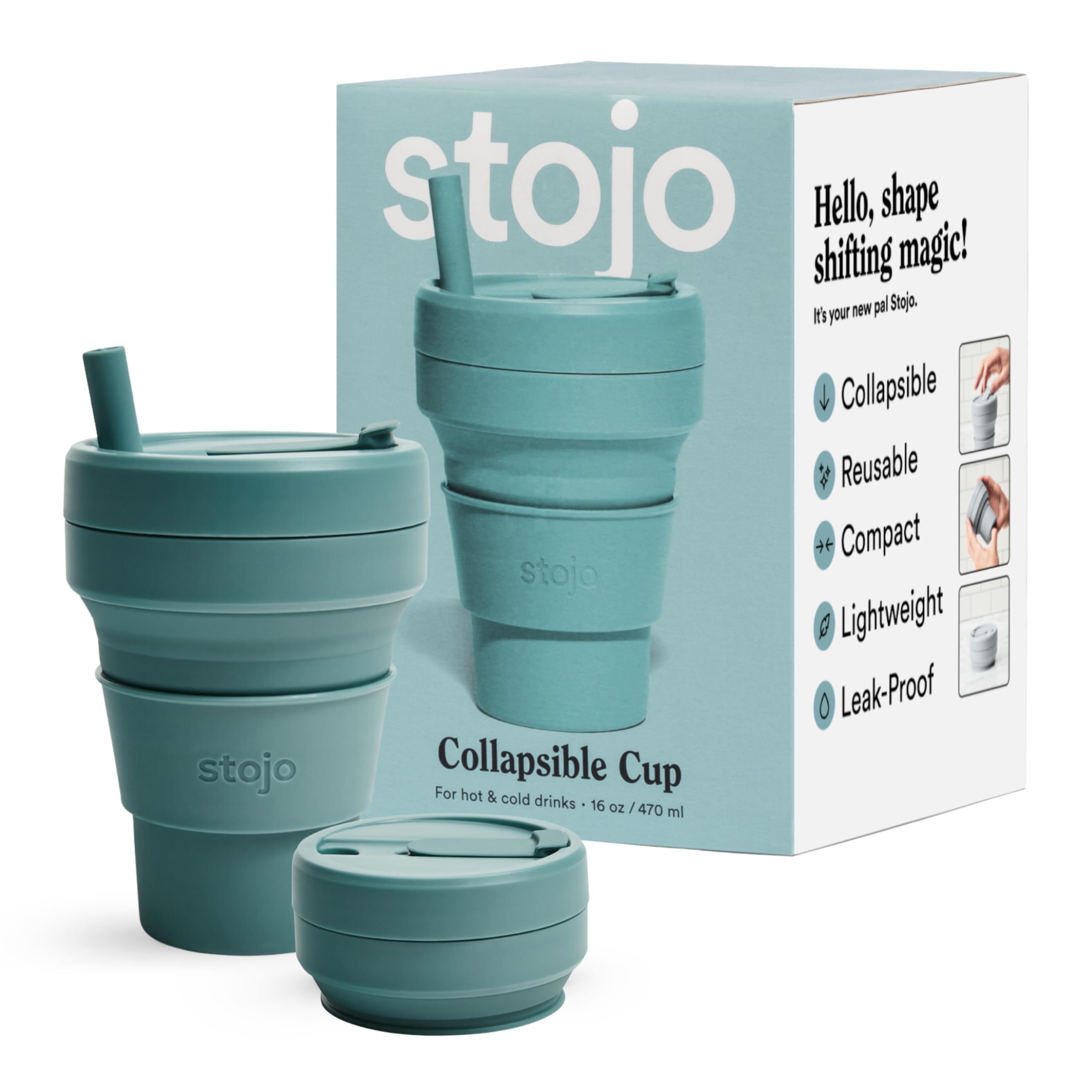 Stojo Collapsible Travel Cup With Straw- Eucalyptus, 16Oz / 470Ml - Reusable To-Go Pocket Size Silicone Cup For Hot And Cold Dri