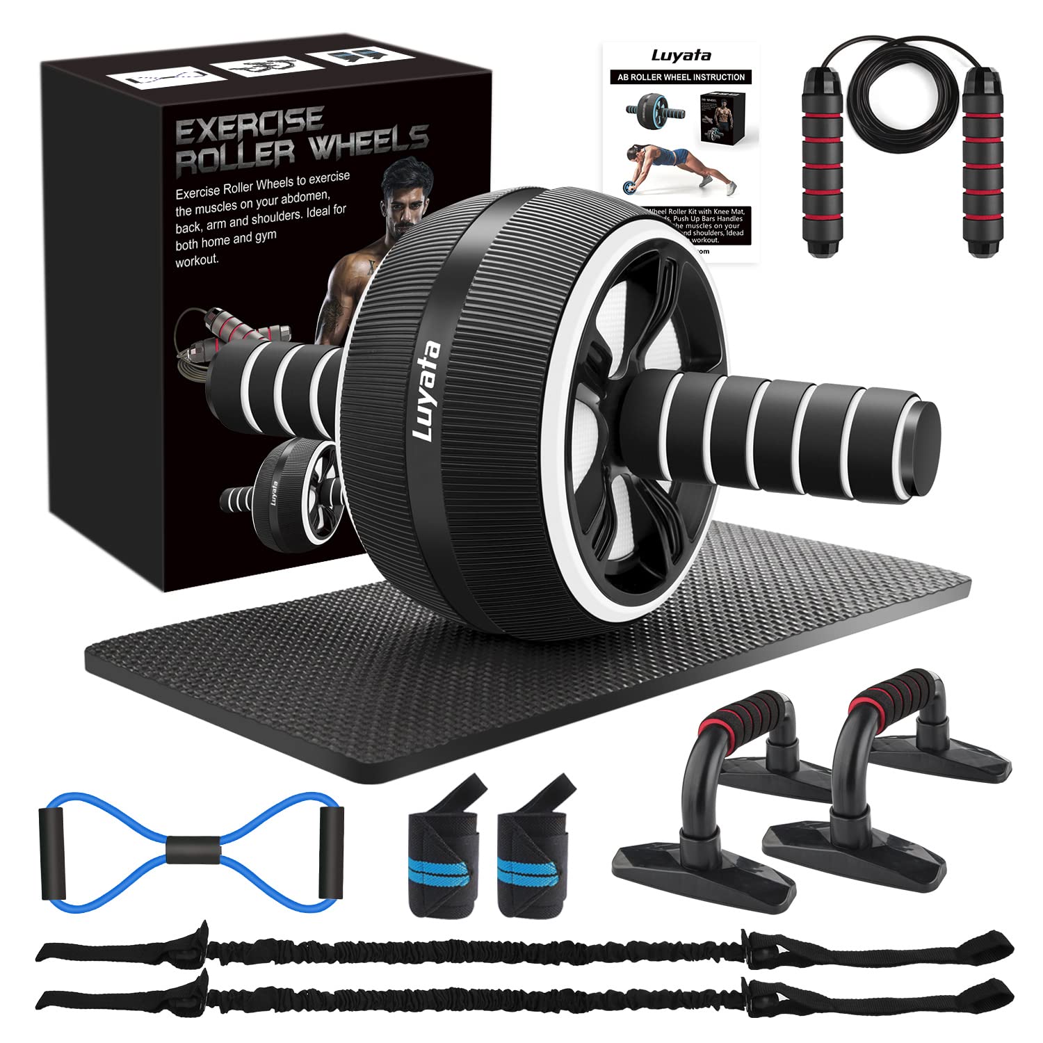 Ab Roller Wheel, 10-In-1 Ab Exercise Wheels Kit With Resistance Bands, Knee Mat, Jump Rope, Push-Up Bar - Home Gym Equipment For