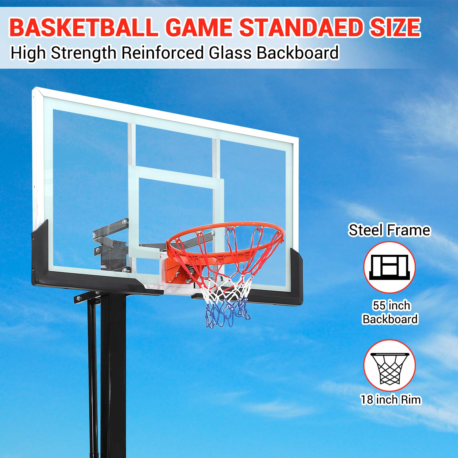 Basketball Hoop Outdoor In Ground with Anti-Collision Foam, 55 Shatterproof Quick Adjustable 8-10ft Basketball Hoop Inground wit