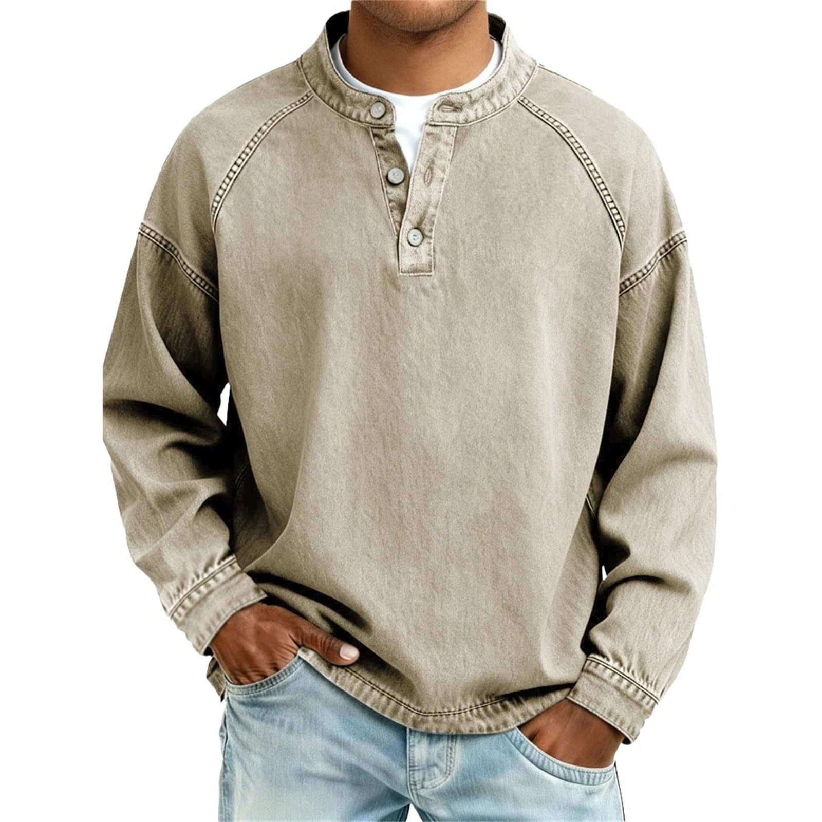 Men s Vintage Distressed Denim Henley Pullover Long Sleeve Raglan Sleeve with Button Placket (Beige, M)
