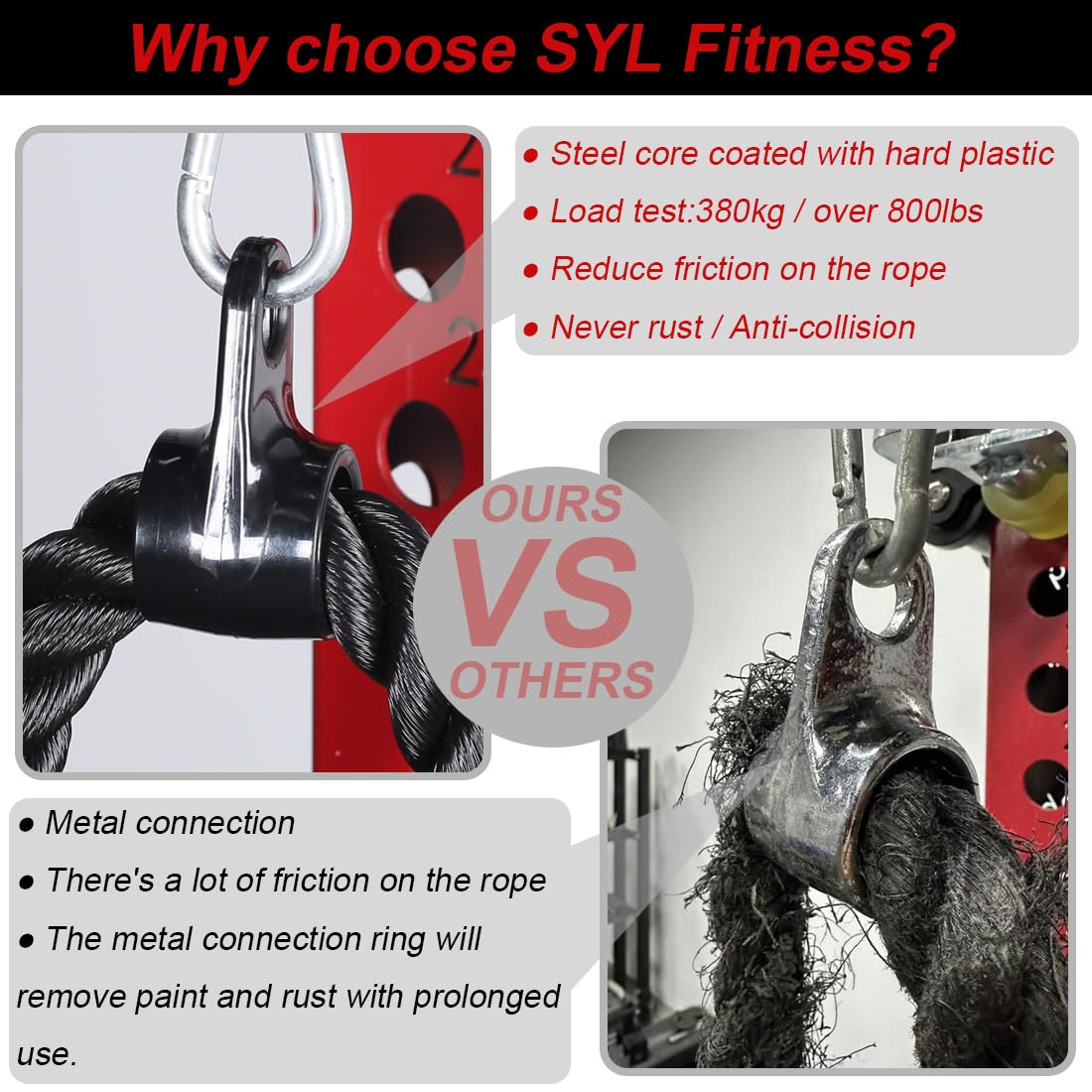 Tricep Rope 27 & 35 Inches 2 Colors Fitness Attachment Cable Machine Pulldown Heavy Duty Coated Nylon Rope With Solid Rubber End