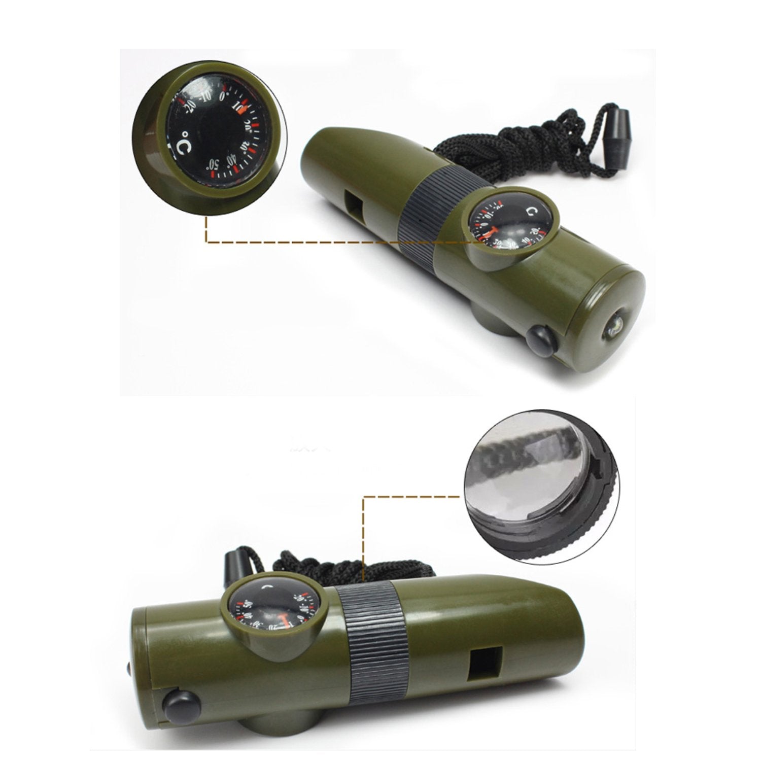Trendbox Multifunctional 7 In 1 Camping Hiking Outdoor Whistle With Compass Magnifier Led Flashlight Thermometer For Emergency S