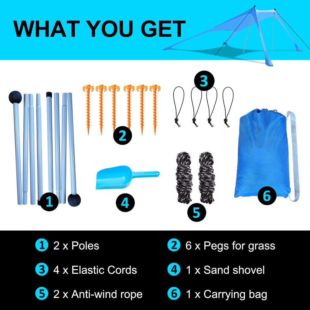 Beach Canopy Tent Sun Shade With Upf 50+ Uv Protection, Beach Tent Sun Shelter With Sandbags, Poles And Ground Pegs And Anti-Win