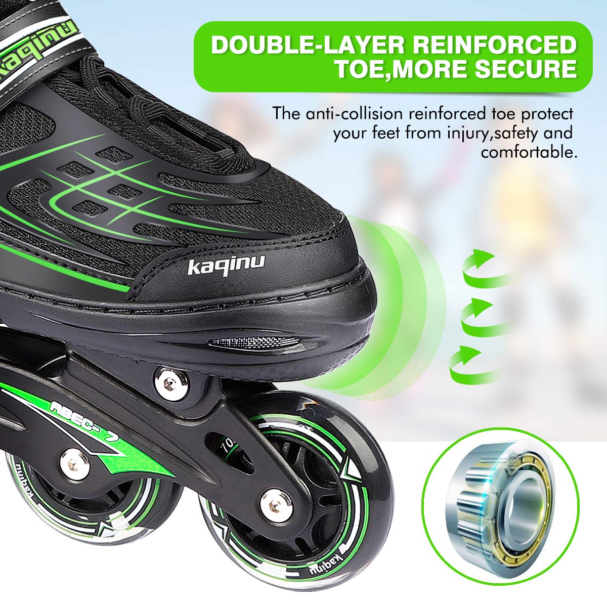 Kaqinu Adjustable Inline Skates, Outdoor Inline Skates With Full Illuminating Wheels For Women, Kids, Girls And Boys (Green, L)
