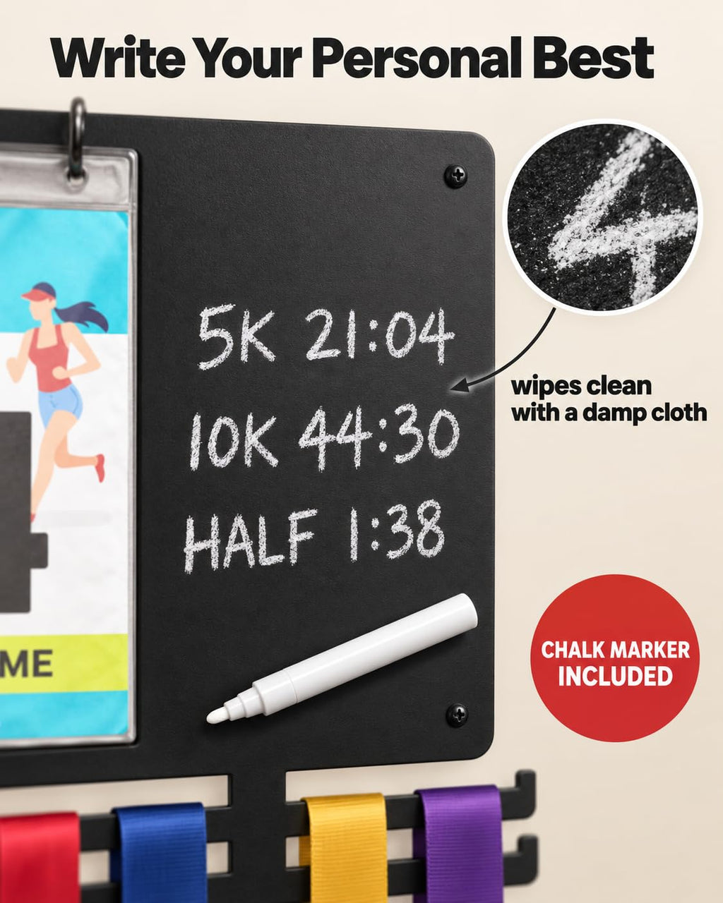 Running Medal Hanger & Bib Display Board with Chalkboard | BLAUBECK Wall Holder