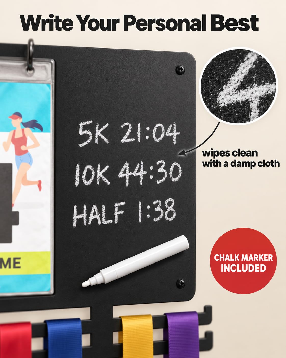 Running Medal Hanger & Bib Display Board with Chalkboard | BLAUBECK Wall Holder