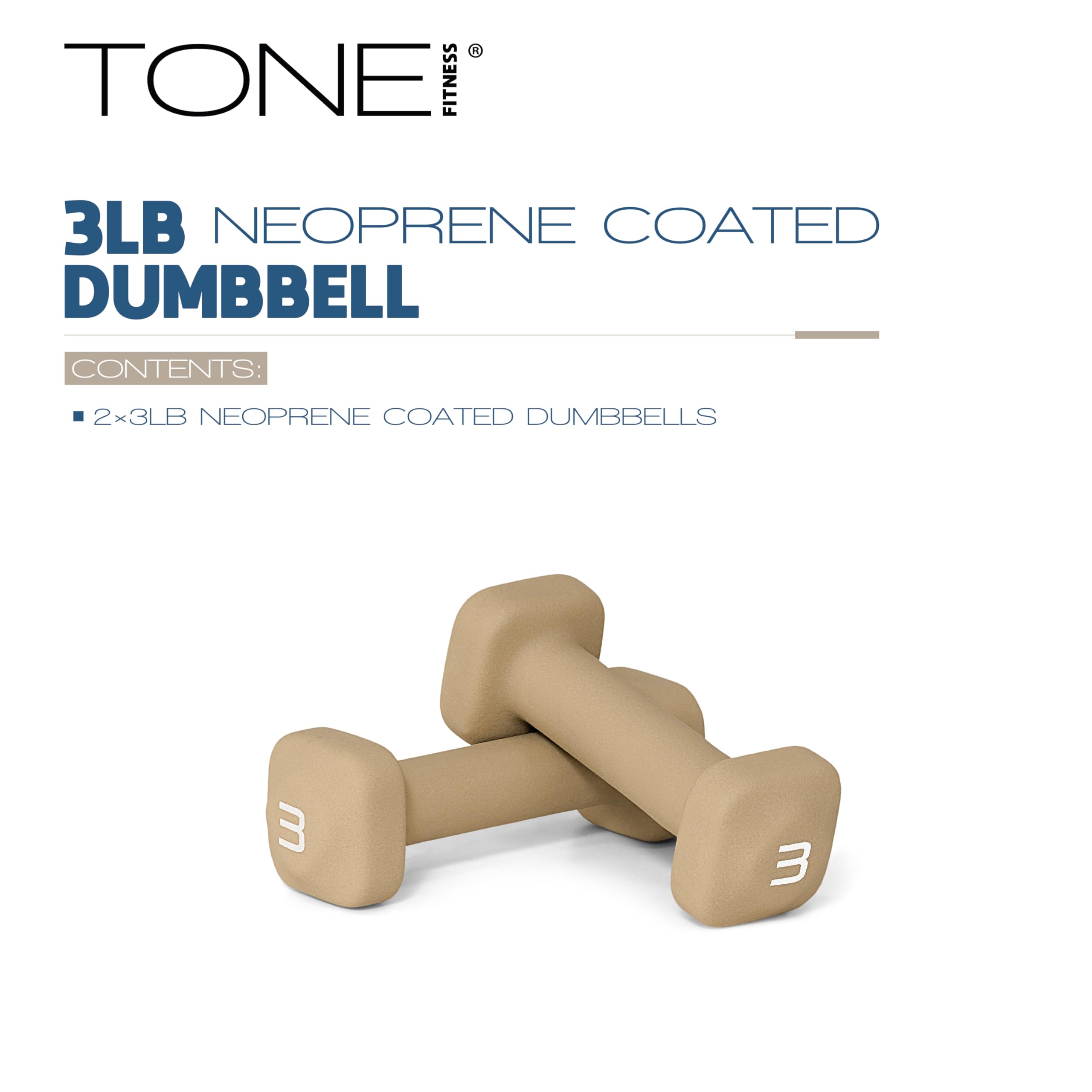 Tone Fitness 3 lb Neoprene Dumbbell Pair for Home Workouts - Non-Slip Design - Beige