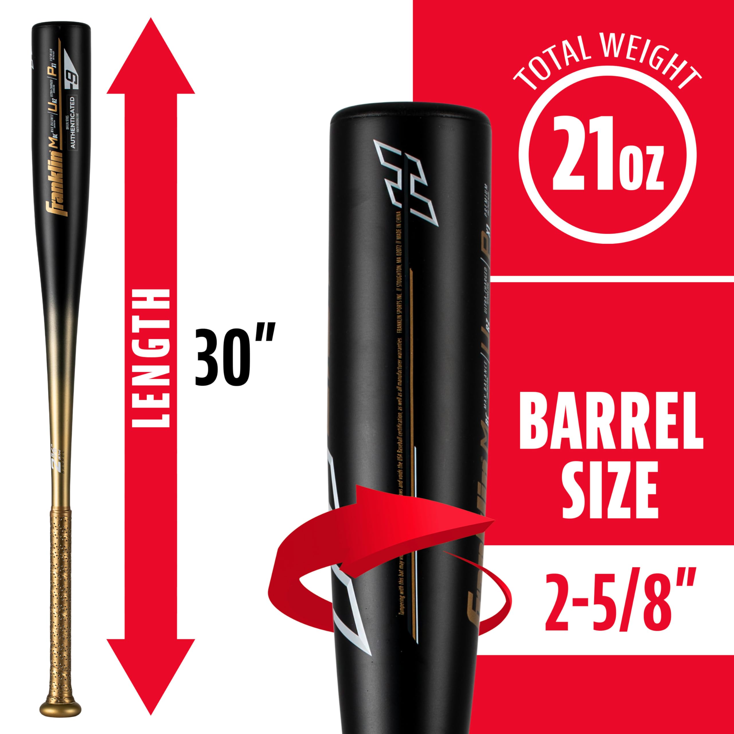 Franklin Sports Metal Youth Baseball Bat - Heist Kids Bats For Ages 8-12 - 2 5/8'' Inch Big Barrel - Youth Drop -9 - Usa Basebal
