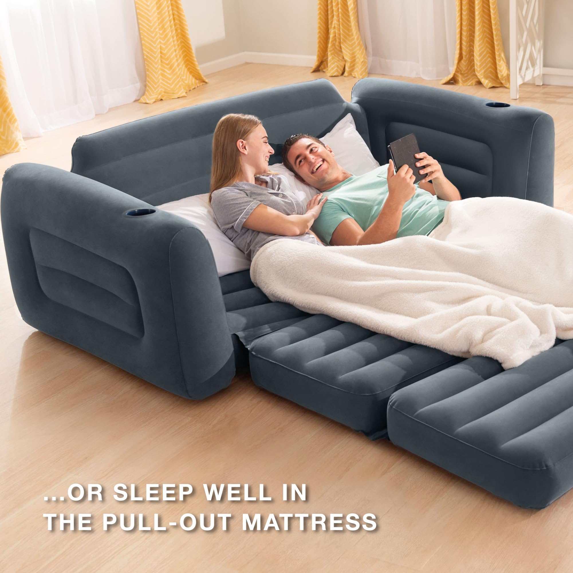 Intex Inflatable Pull-Out Sofa: Velvety Surface, 2-In-1 Valve, Cupholder, 46'' X 88'' X 26'' - Blow-Up Couch And Folding Queen S