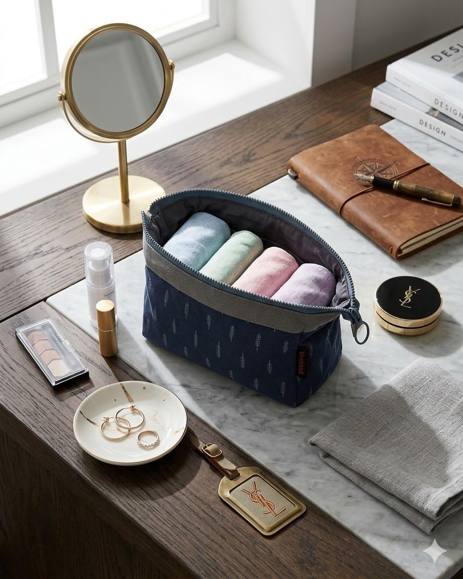 Naylon Cosmetic Toiletry Makeup Pouch With Portable Travel Multipurpose WaterResistant Zipper Makeup Brush Bags  Blue Leaf Asc