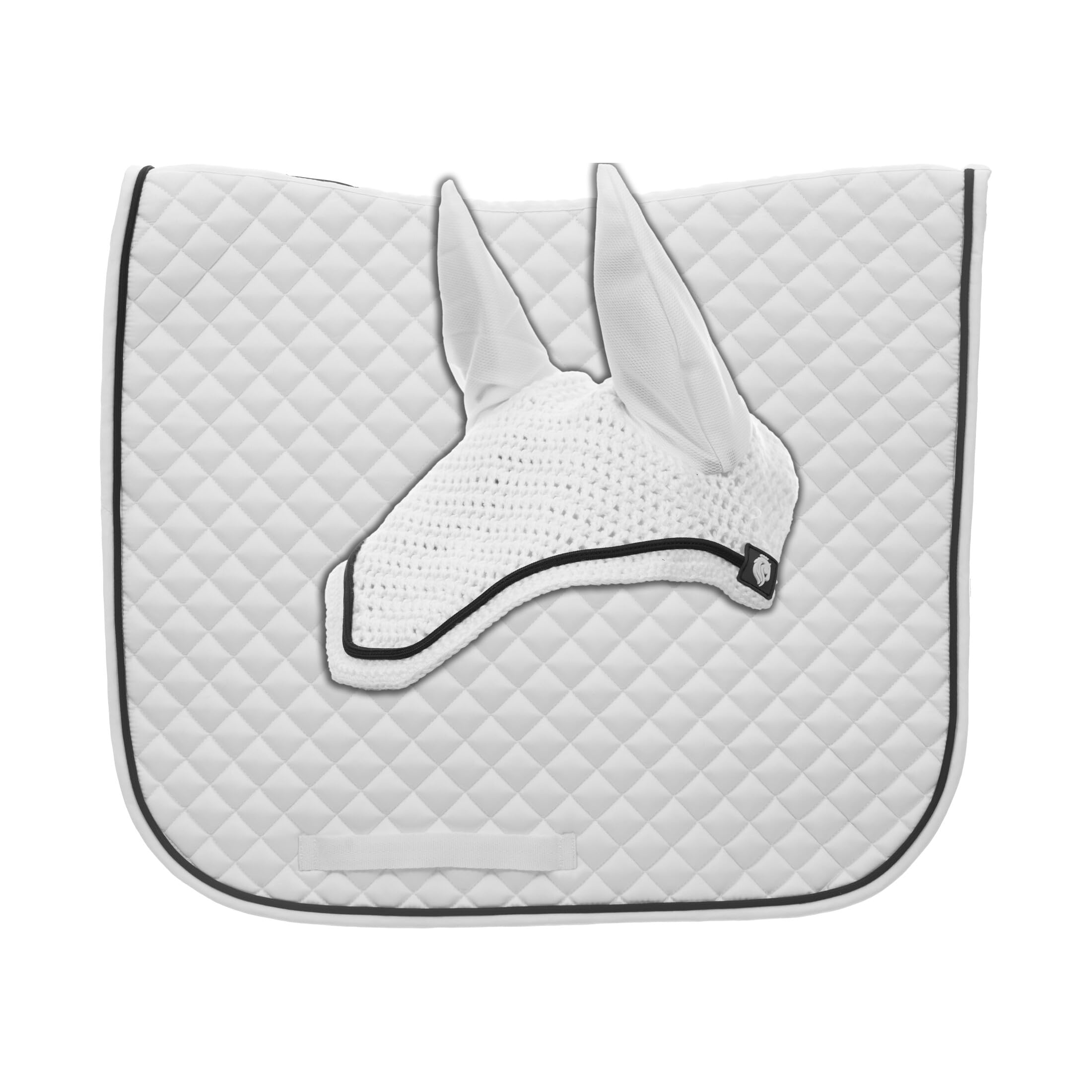 Equinavia Voss Dressage Saddle Pad and Crocheted Bonnet Set - White/Black - Horse