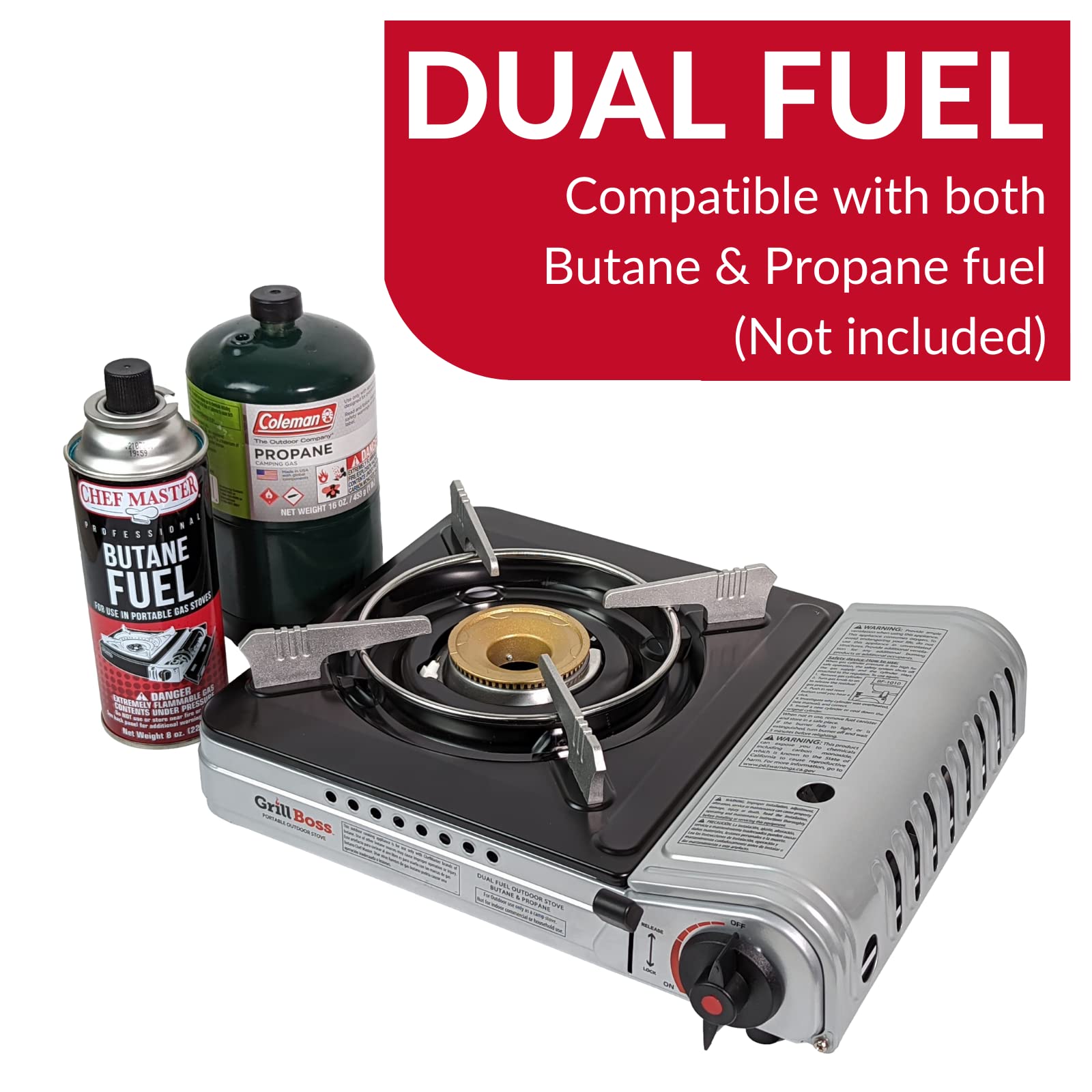 Grill Boss 90057 Dual Fuel Camp Stove  Works With Both Butane And Propane  Perfect For Camping & Hiking  Emergency Cooking Stove
