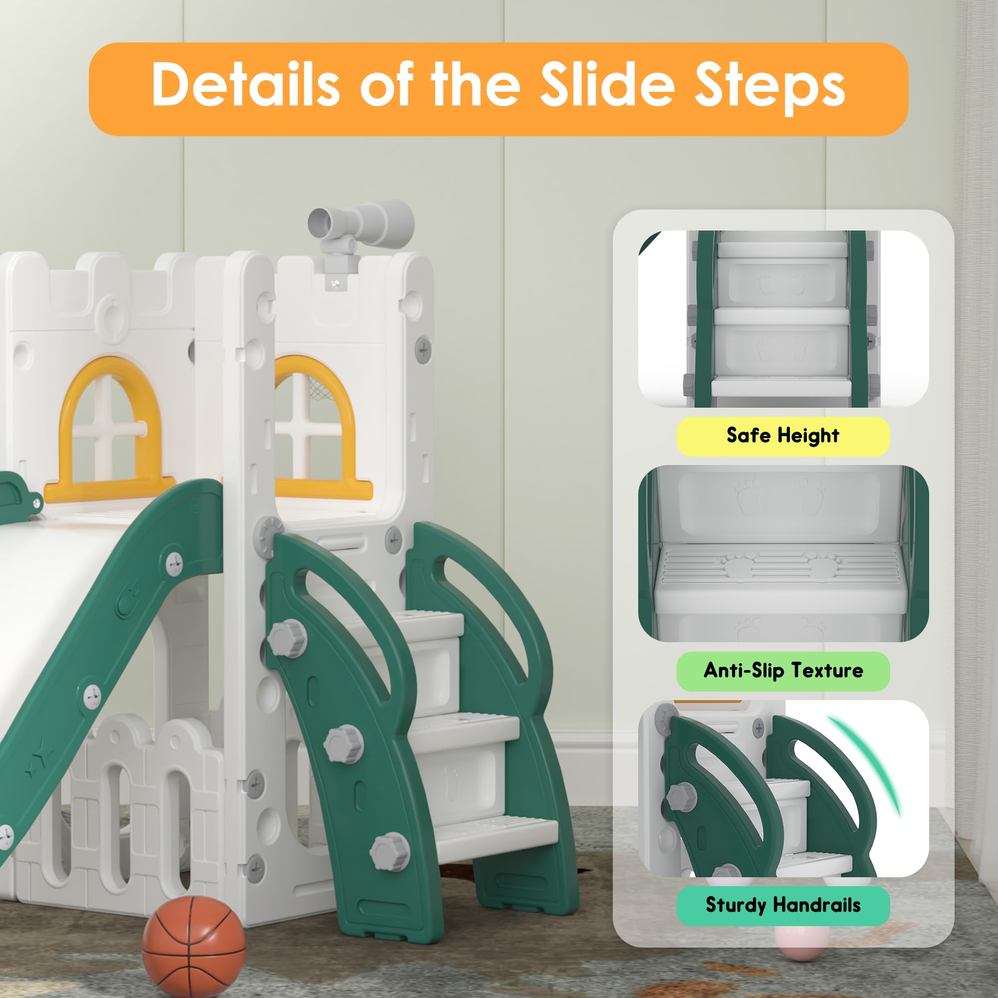 LulliSpace 6 in 1 Toddler Slide,Kids Playset for Toddlers Indoor Outdoor, Baby Slide with Basketball Hoop, Telescope & Storage S