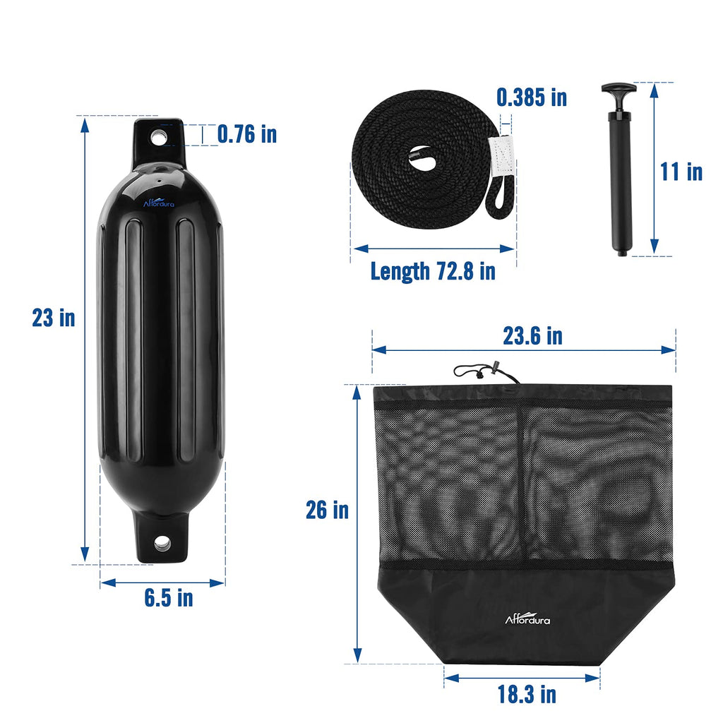 Affordura Boat Fender 4 Pack Boat Bumpers Fenders With 4 Ropes, Boat Bumpers For Pontoon Boat Fenders Inflatable (Black, 6.5 Inc