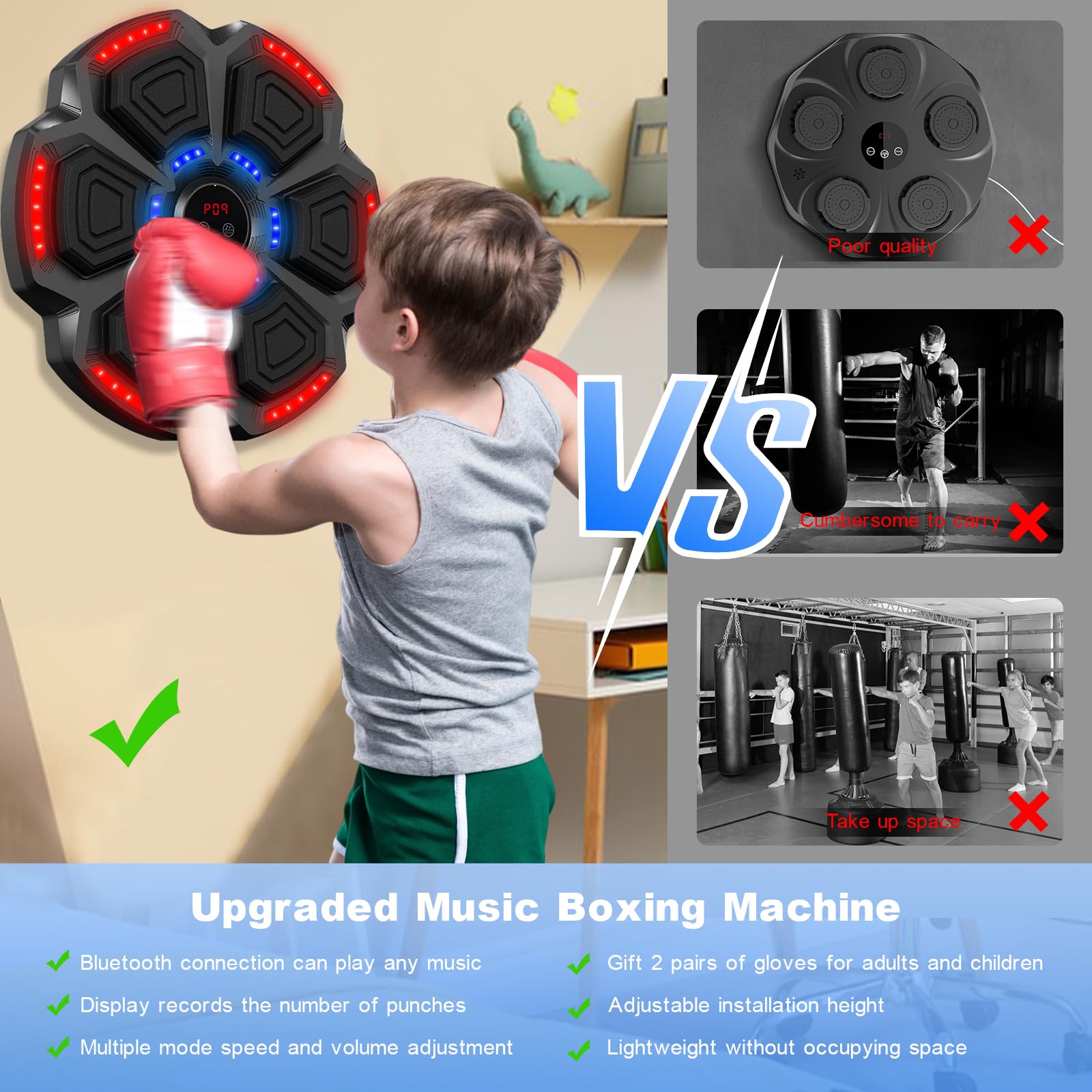 Baswip 2025 Music Boxing Machine For Adults/Kids W/ 2 Gloves - Smart Bluetooth Wall Mounted Punching Bag, 9 Modes & Speeds, Digi