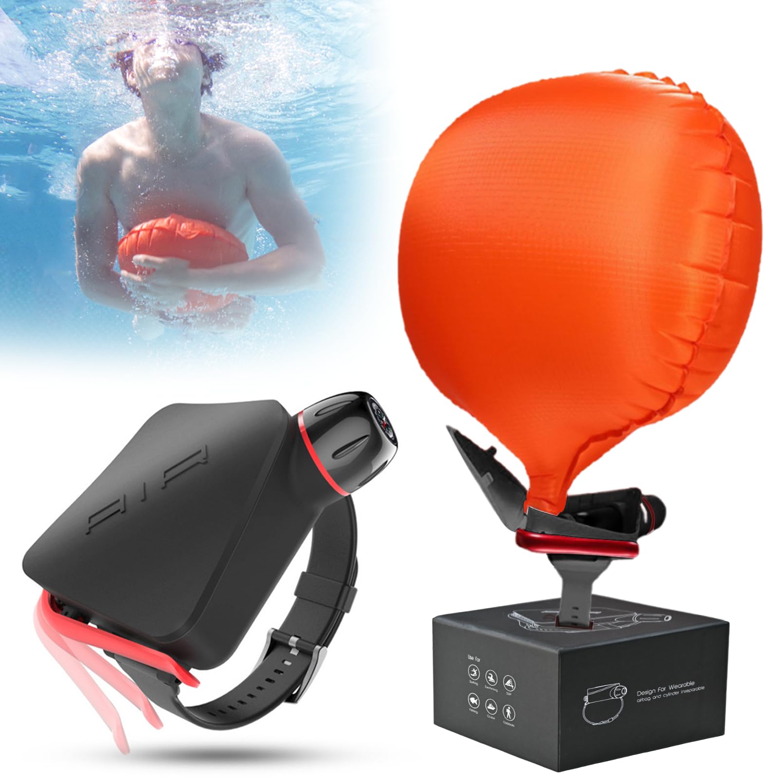 TIEJIANDAN Reusable Anti-Drowning Bracelet with Gas Cylinder*2 & Compass,Water Sports Essential Portable Life Buoy Inflates in a