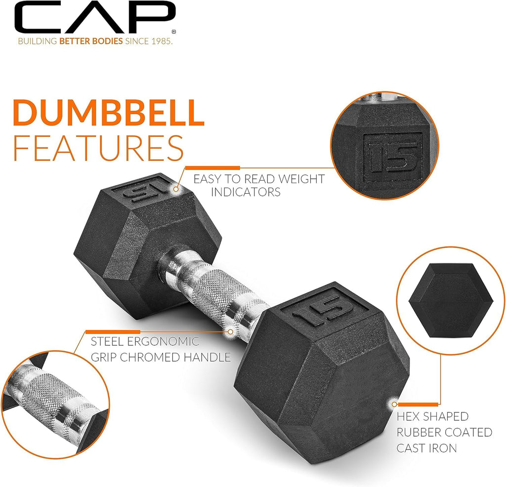 CAP Barbell 100 LB Rubber Coated Hex Dumbbell Hand Weight Set with Vertical Storage Rack | Black