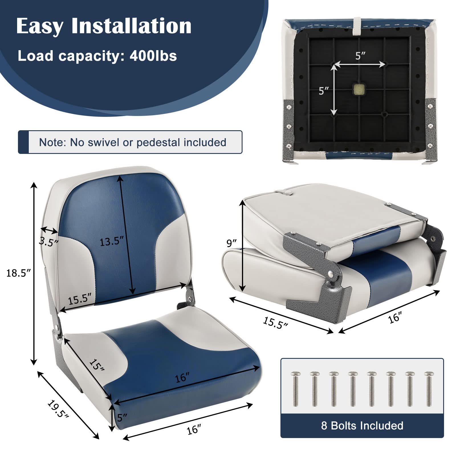 Goplus Low/High Back Boat Seats, Folding Boat Seat With Stainless Steel Screws & Aluminum Hinges, Thickened Sponge Padding, Wate