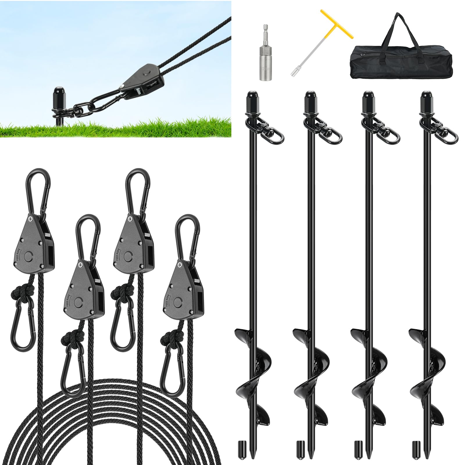 Tinnmao 4-Pack 17.7 Tent Stakes Heavy Duty with Ratchet Tie Down Straps Kit for High Wind, Metal Spiral Ground Anchors Screw in 