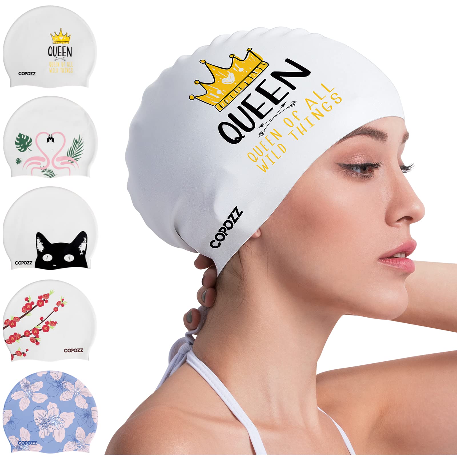 Copozz Swim Cap For Women, Silicone Waterproof Comfy Swimming Bathing Cap For Long Hair With Crown Printed