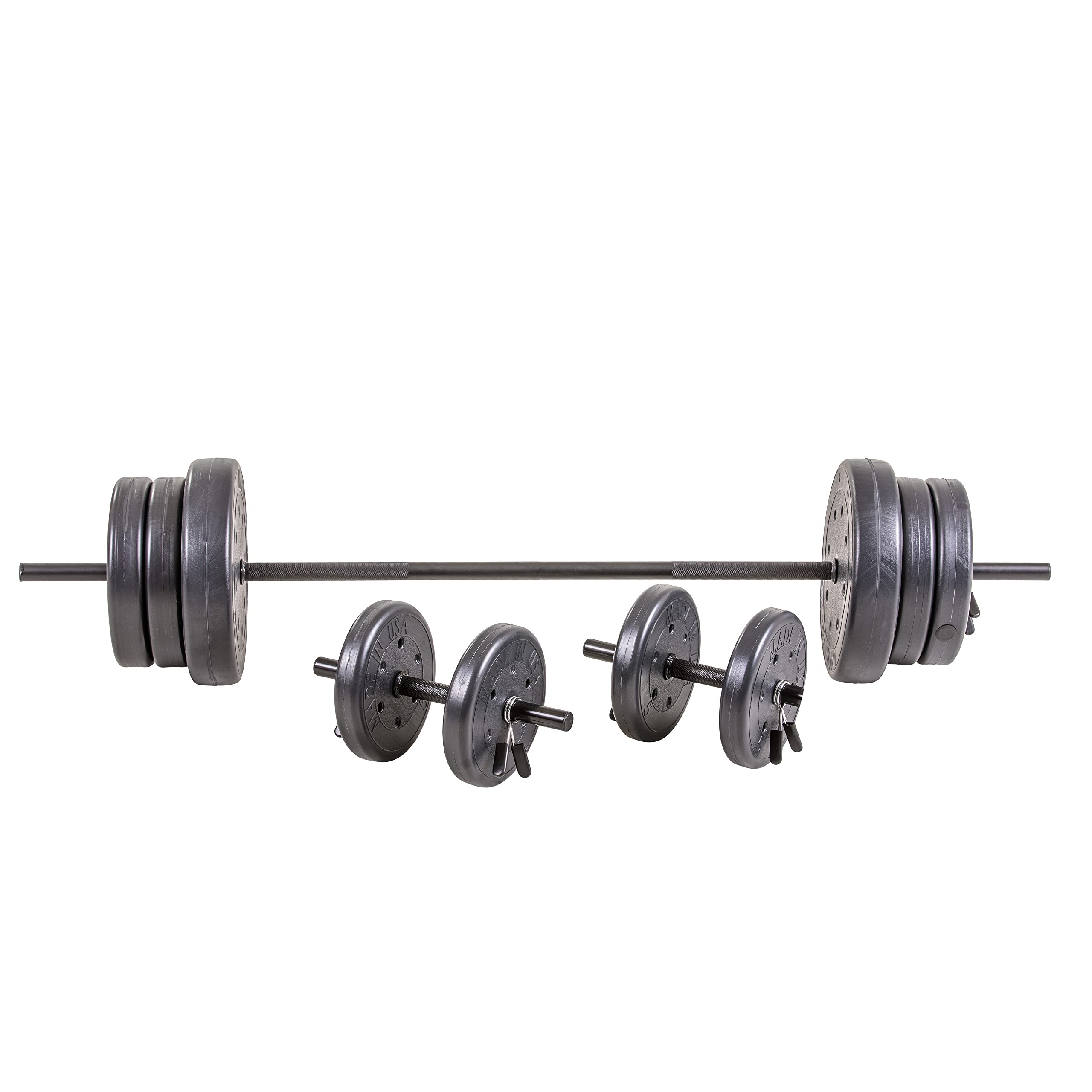 US Weight 105 lb Duracast Barbell Weight Set with two dumbbells and 6ft bar for home gym