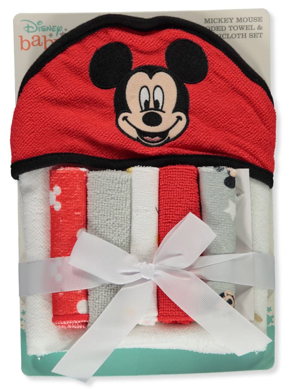 Cudlie Disney Baby Mickey Mouse Happy Face Print (Hooded Towel With 5 Piece Washcloth Set)
