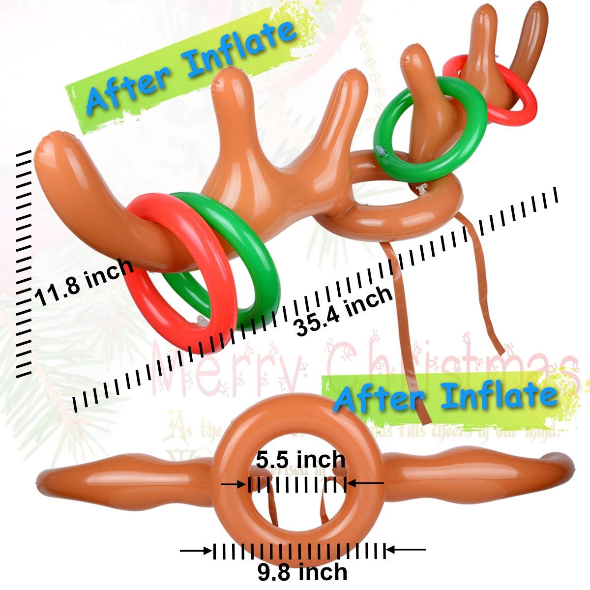 2 Set Inflatable Reindeer Antler Game, (2 Inflatable Antler, 12 Rings Reindeer Ring Toss) Inflatable Reindeer Antler Hat With Ri