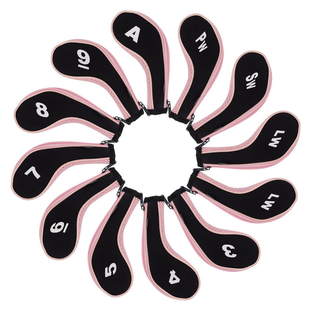 Andux Number Print Golf Iron Club Head Covers Long Neck With Zipper 12Pcs/Set Black/Pink