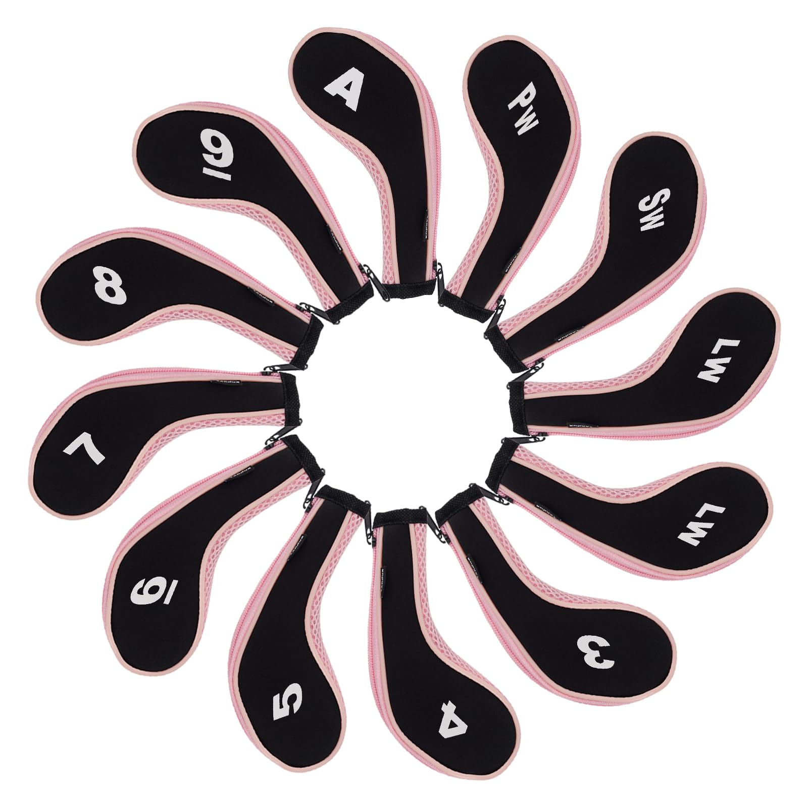 Andux Number Print Golf Iron Club Head Covers Long Neck With Zipper 12Pcs/Set Black/Pink