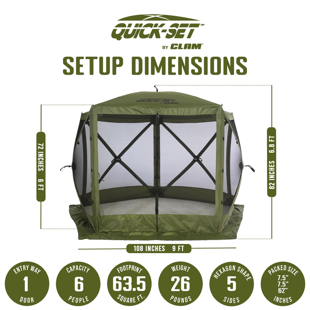 Clam Quick-Set Venture 9 X 9 Foot Portable Pop-Up Outdoor Camping Gazebo Screen Tent 5 Sided Canopy Shelter With Ground Stakes A