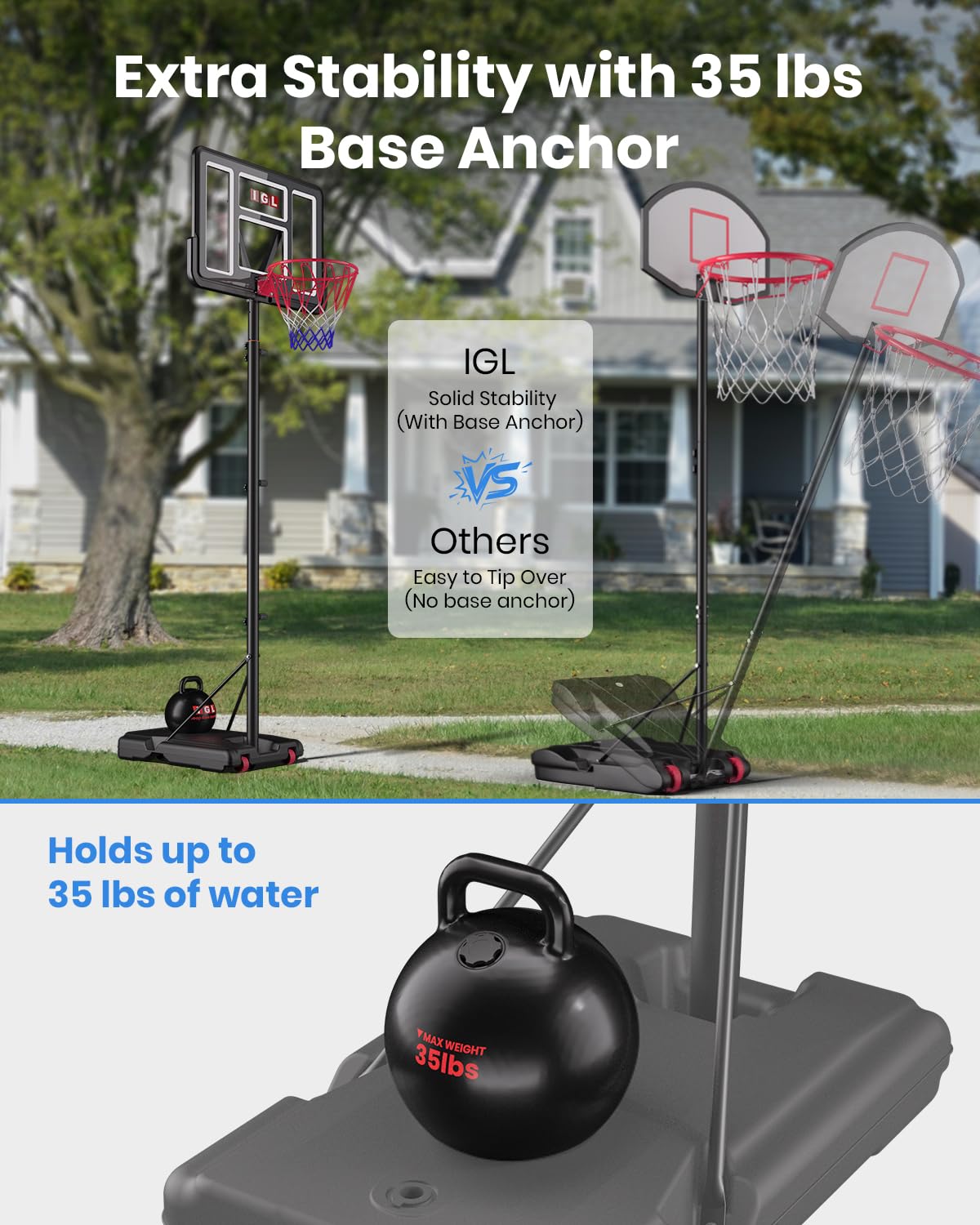 IGL Basketball Hoop Outdoor, 44 Inch Portable Basketball Hoops, 5.6-10 FT Adjustable Basketball Goal System with 35 LB Base Anch